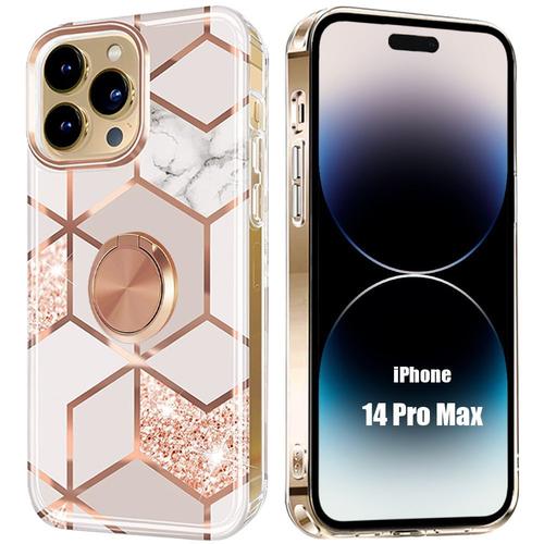 Coque Silicone Pour Iphone 14 Pro Max Rose Marbre Avec Anneau Support - E.F.Connection