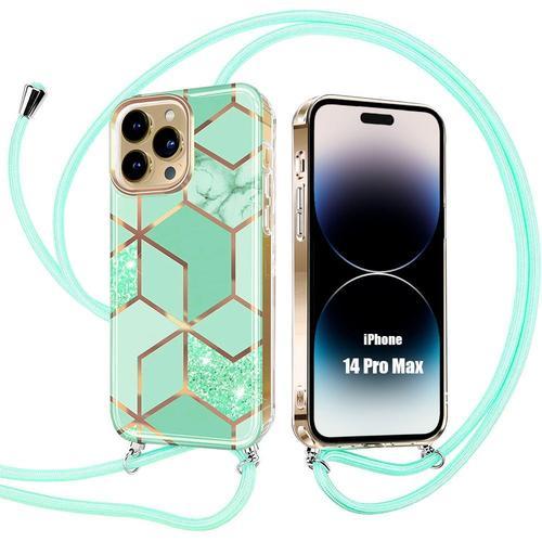 Coque Cordon Pour Iphone 14 Pro Max Antichoc Protection Motif Marbre Turquoise - E.F.Connection