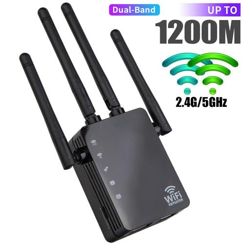 Répéteur Wifi Double Bande 1200 Mbps Amplificateur 2,4 GHz & 5 GHz avec 2 Ports LAN - Noir - E.F.Connection