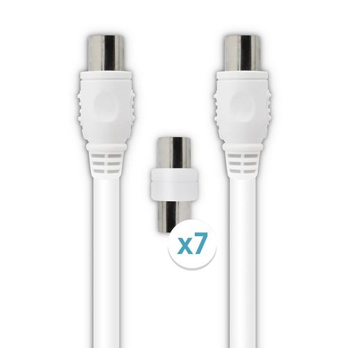 Câble TV coaxial 9,52 mm mâle/mâle+adaptateurs universels 5 m - blanc