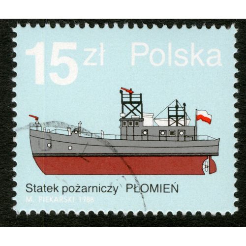 Timbre Oblitéré Polska Statek Pozarniczy Plomien,15 Zl