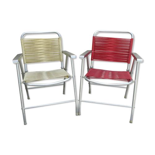 Paire De Chaises Pliantes En Aluminium Et Scoubidou Des Annes 70 Multicolore