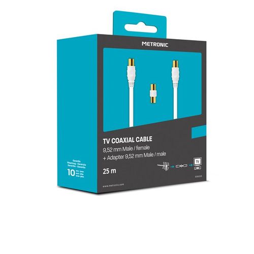 Câble TV coaxial 9,52 mm mâle/fem.+adaptateur mâle/mâle 25 m - blanc