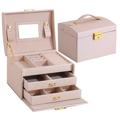 Boîte à Bijoux, Coffret pour Bijoux Boîte à Maquillage Bijoux et cosmétique Beauty Case à 3 Couches en Simili Cuir avec 2 Tiroirs, Poudre de fleur de cerisier