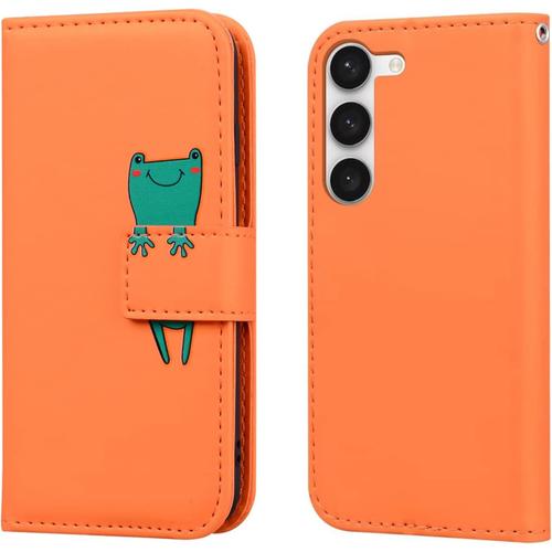 Coque Samsung Galaxy S23 Clapet,Dessin Animé Grenouille Portefeuille Etui En Cuir Pu,Tpu Antichoc Housse Flip Case Avec Rabat Fentes Pour Cartes Et Fonction Support,Orange