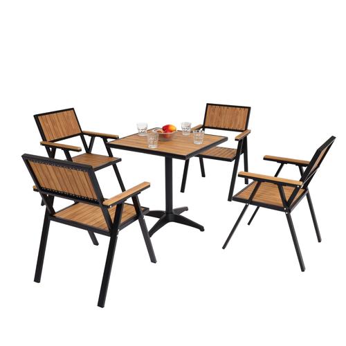 Set De 4 Chaises De Jardin + Table De Jardin Hwc-J95, Chaise Table, Revêtement Gastro Outdoor, Alu Aspect Bois   Noir, Teck