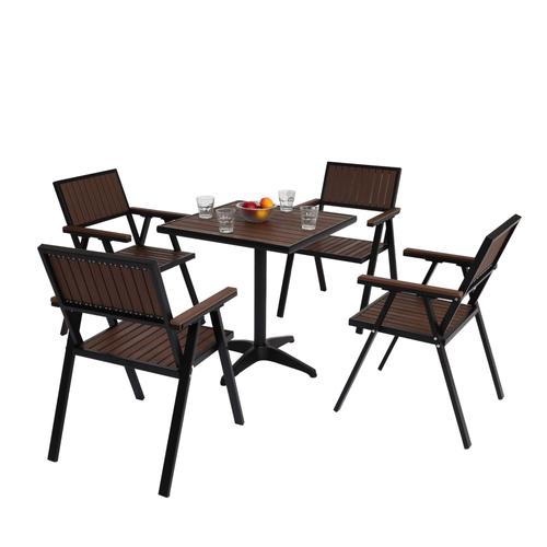 Set De 4 Chaises De Jardin + Table De Jardin Hwc-J95, Chaise Table, Revêtement Gastro Outdoor, Alu Aspect Bois   Noir, Marron Foncé