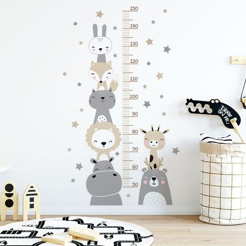 Stickers Mural Animaux de la Jungle Autocollants Stickers Muraux pour Chambre de Bébé D'enfant Décoration Murale,Hauteur Règle de Mesure(Gris)