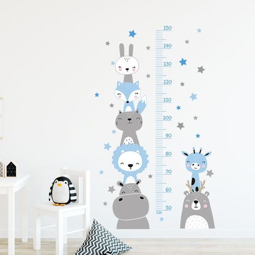 Stickers Mural Animaux de la Jungle Autocollants Stickers Muraux pour Chambre de Bébé D'enfant Décoration Murale,Hauteur Règle de Mesure(Bleu)