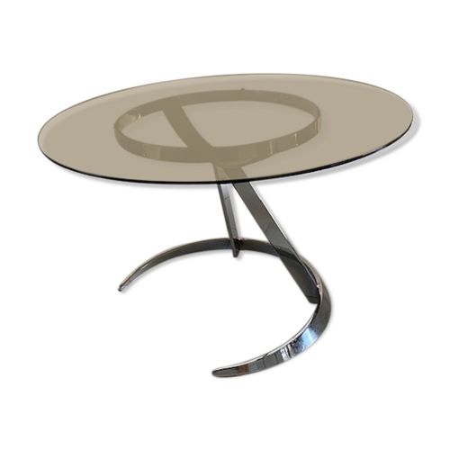 Table Ronde Verre Fum Vintage 1970 Argent