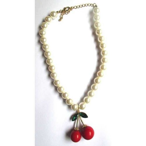 Collier Perle Blanche Avec 1 Paires De Cerise 3d 5.5x3.5 Cm Pinup Rockabilly Femme