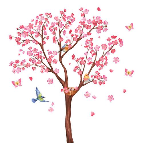 Stickers Muraux Fleurs de Cerisier Rose Arbre Autocollant Murale Oiseaux et Branche Décoration Murale Chambre à Coucher Salon Cuisine