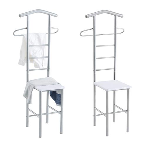 Lot De 2 Valets De Chambre Jivo Chevalets De Nuit Portants Pour Vêtements, Structure En Métal Argenté Avec Tablette En Mdf Blanc Mat