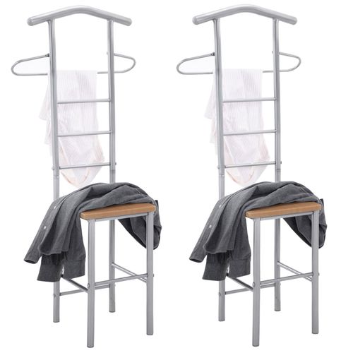 Lot De 2 Valets De Chambre Jivo Chevalets De Nuit Portants Pour Vêtements, Structure Métal Argenté Avec Tablette Mdf Couleur Hêtre