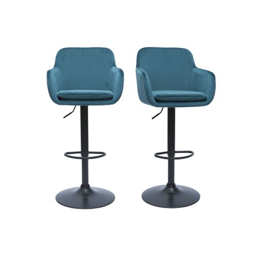 Tabourets De Bar Réglables En Tissu Velours Bleu Pétrole Et Métal Noir (Lot De 2) Amika