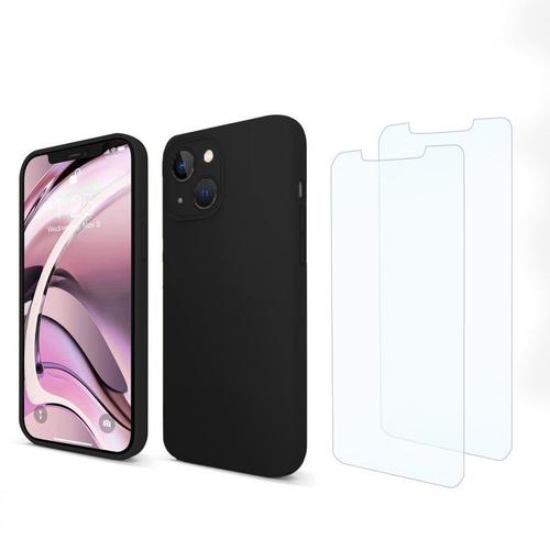 Coque Iphone 13 Mini Silicone Liquide Noire + 2 Vitres En Verre Trempé Protection Écran Antichocs - Evetane