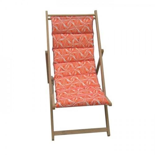 Transat Jardin Prive Chilienne Matelassée Vague - Toile Amovible - Structure En Bois - Orange Et Blanc