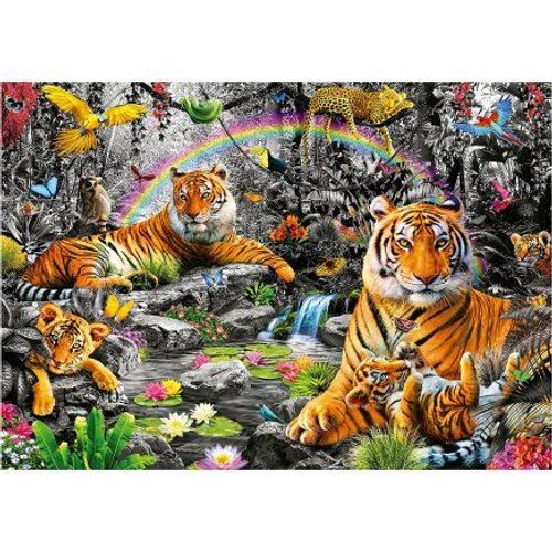 Puzzle Adulte Famille De Tigre Et Bebes Au Bord Du Ruisseau Dans La Foret 1500 Pieces - Set Animaux Sauvages + 1 Carte