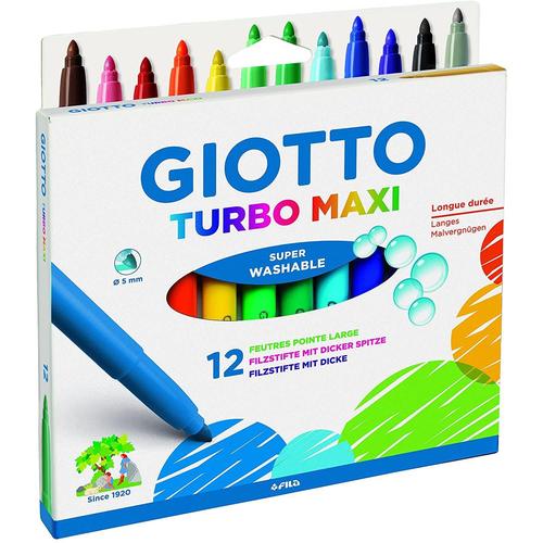 Giotto 12 Feutres De Coloriage Turbo Maxi Ultra Lavable Testé Dermatologiquement Pointe Bloquée Étui Accrochable