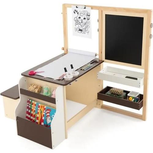 Table Avec Tabouret Enfant 4 En 1 - Costway : Table 2 Face ( Blanc&noir ),Rouleau De Papier -11 Accessoires - Multi Rangement Brun