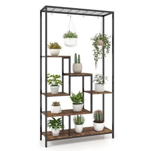 Costway Étagère À Fleurs Porte Plantes En Métal - 10 Crochets, Pieds Réglables, Dispositif Anti-Basculement - Style Industriel