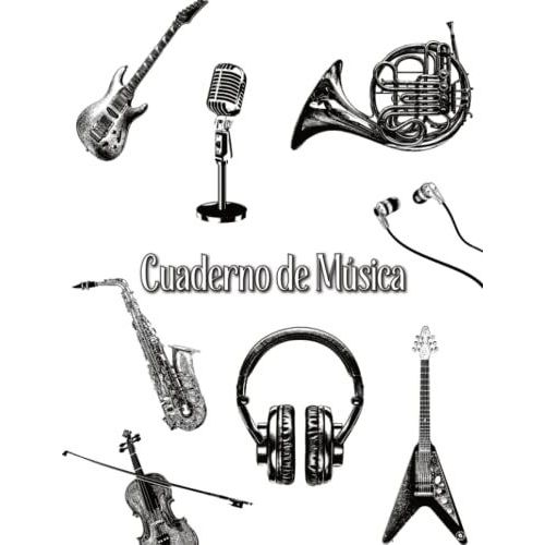 Cuaderno De Música: Libreta Pentagramas Música | 12 Pentagramas | 108 Hojas | Tamaño Grande | Tapa B&w Instruments | Perfecto Para Lecciones De Música, Solfeo, Canto Y Composición