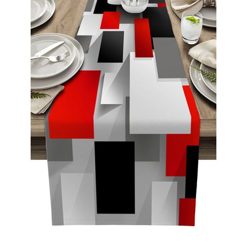 Chemins De Table En Lin Avec Lignes Rouges Abstraites De Bergame,Décor De Mariage,Cuisine À Domicile,Fête,Décor Campagnard,Salle À Manger,Chemin De Table Antisalissure