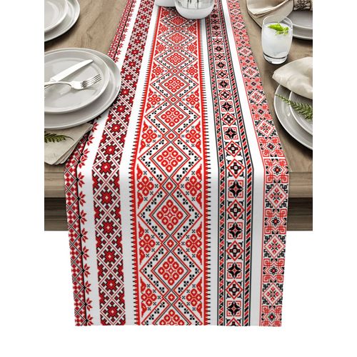 Chemins De Table En Lin Avec Lignes Rouges Abstraites De Bergame,Décor De Mariage,Cuisine À Domicile,Fête,Décor Campagnard,Salle À Manger,Chemin De Table Antisalissure