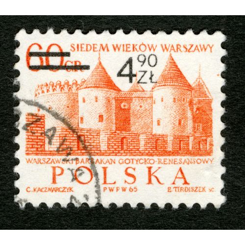 Timbre Oblitéré Polska,Siedem Wiekow Warszawy,Warszawski Barbakan Gotycko-Renesansowy,1965,Kaczmarczyk,Tirdiszek,60 Gr,4,90 Zl