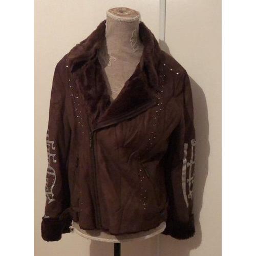 Blouson Perf Marron Fourré À Inscriptions T40/42