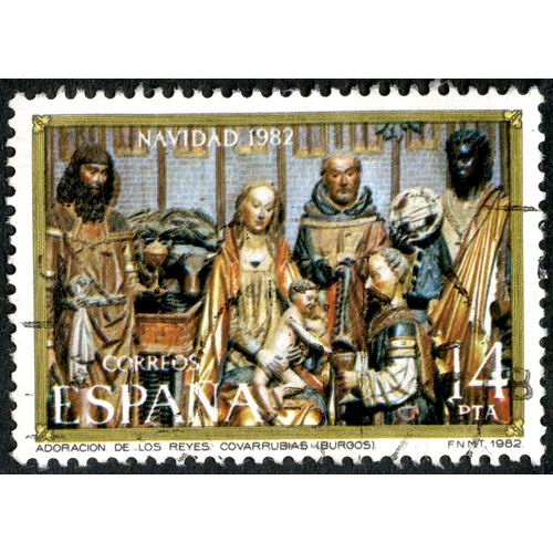 Timbre Oblitéré Espana, Correos, Navidad 1982, Adoracion De Los Reyes Covarrubias, Burgos, 14 Pta