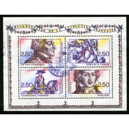 Timbre Oblitéré Feuillet Bicentenaire De La Revolution Francaise . La Tour D'auvergne,Saint Just,Gendarmerie Nationale .4 T.P. République Française,La Poste 1991