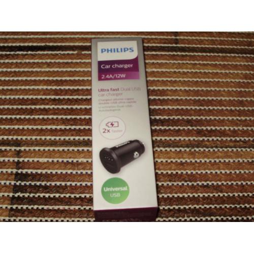 Chargeur Voiture - Allume Cigare - Philips 2x Usb 12w - Charge Rapide- Universel