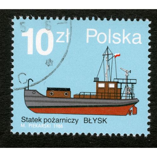 Timbre Oblitéré Polska,Statek Pozarniczy Blysk,Piekarski 1988,10 Zl