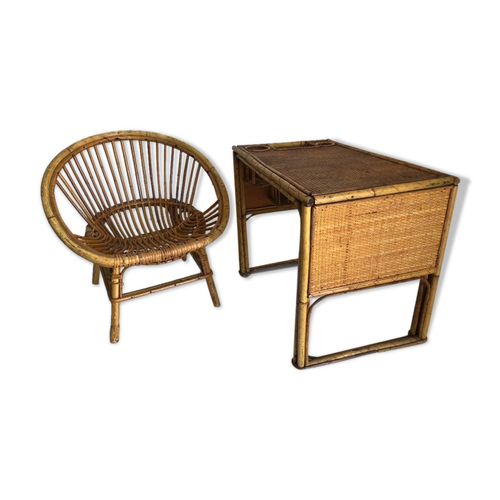 Bureau Enfant En Rotin Avec Son Fauteuil Bois