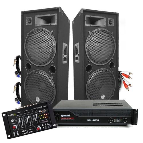 Set SONORISATION DJ CLUB LSC215 Boomers 38cm + Amplificateur Gemini 4000W avec Table de mixage Ibiza + Câblages