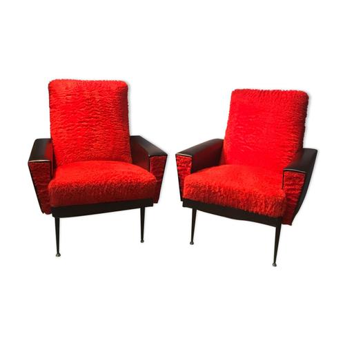 Paire De Fauteuil En Moumoutte Rouge Et Simili Cuir Noir Design Anne 60 Rouge