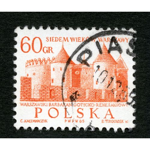 Timbre Oblitéré Polska,Siedem Wiekow Warszawy,Warszawski Barbakan Gotycko-Renesansowy,Kaczmarczyk,1965,Tirdiszek,60 Gr