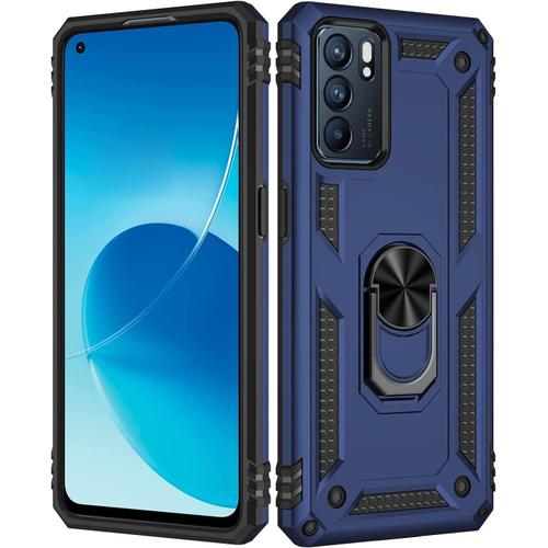 Coque Pour Oppo Reno 6 5g Reno6 5g Tough Armor Series Robuste Anti-Scratch Pc Arrière Panneau + Pare-Chocs Tpu Étanche Aux Chocs + Parenthèse Pliable. Bleu Marin