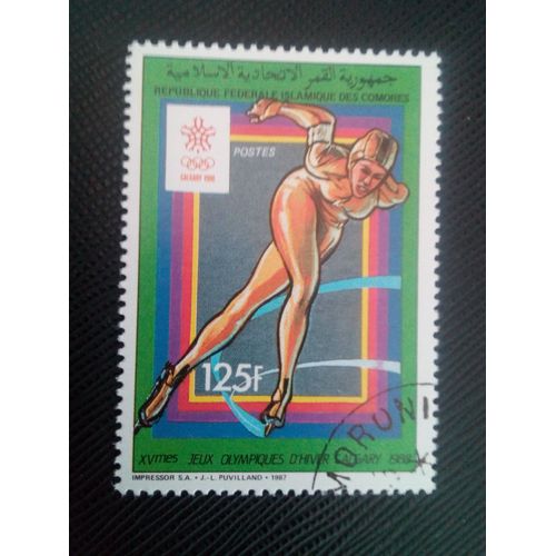 Timbre Comores Y T 459 Jeux Olympiques D'hiver - Calgary Patinage De Vitesse Féminin 1988 ( 090207 )*