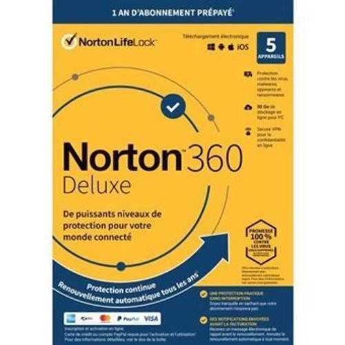 Logiciel Antivirus Norton 360 Deluxe 2022 1 An 5 Appareils Pc-Mac-Android-Ios