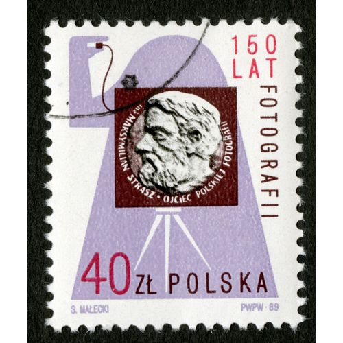 Timbre Oblitéré Polska,150 Lat Fotografii,Inz.Maksymilian Strasz,Ojciec Polskiej Fotografii,1989,Malecki,40 Zl