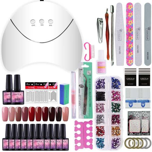 Coscelia Kit Vernis semi permanent Lot 10 pc Vernis à ongle Top Base Coat 36W LED/UV Lampe Nail Art Strass Stickers Colle Ongle Décoration Outils Kit Manucure