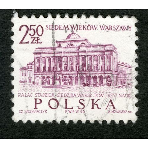 Timbre Oblitéré Polska,Siedem Wiekow Warszawy,Palac Staszica-Siedziba Warsz.Tow.Przyj.Nauk,Kaczmarczyk,Kowalska,1965,2,50 Zl