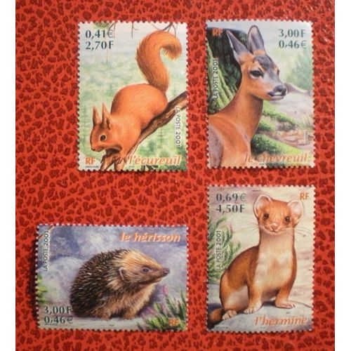 Lot De 4 Timbres Neufs ** - Nature De France - 2001 - Animaux - Faune - Ecureuil, Chevreuil, Hérisson Et Hermine - Série Complète - Y&t N° 3381, 3382, 3383 Et 3384