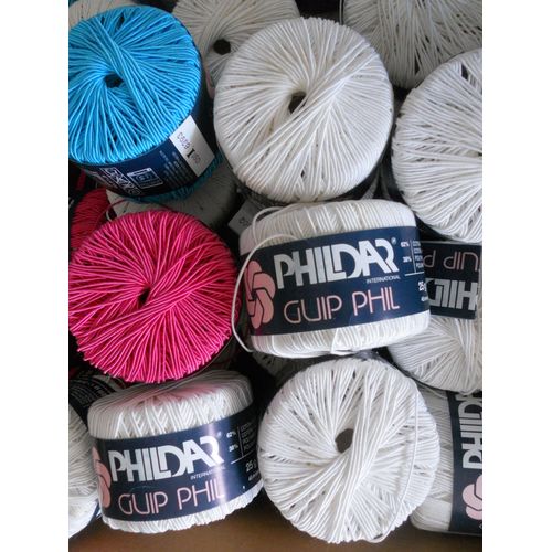 Lot De 10 Pelotes Phildar Guip Phill Colori Bleu 62 % Coton 38 % Polyamide