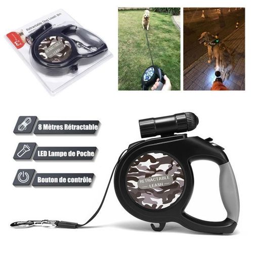 Laisse Large Chien 8m 50kg 9 Led Rétractable Nuit Poignée Antidérapant Avec Crochet Camouflage Gris Mkk5