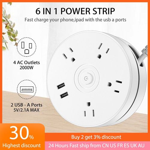 Barre d'alimentation rétractable 5.9 pieds, rallonge de sortie, prise plate, bande anti-surtension avec 2 Ports USB intelligents pour voyage, prise US