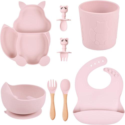 Assiette Bébé Set Repas Silicone, Lot De 8 Antiderapante Bol À Ventouse Fourche Cuillère Bavoir Sans Bpa Enfant Set Couverts Vaisselle(Rose)