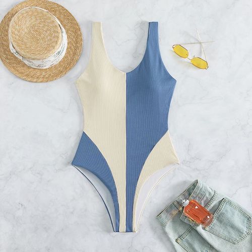 Maillot De Bain Une Pièce Contraste Couleur Épissage Fosse Bande Tissu Dames Maillot De Bain Vacances À La Plage